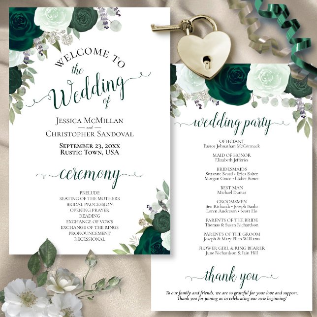 Emerald Green Boho Roses Budget Wedding Program (In Situ Front and Back)
