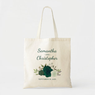 Emerald Green Boho Roses Couple's Names Wedding  Tote Bag