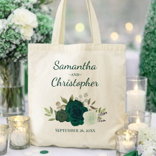 Emerald Green Boho Roses Couple's Names Wedding  Tote Bag