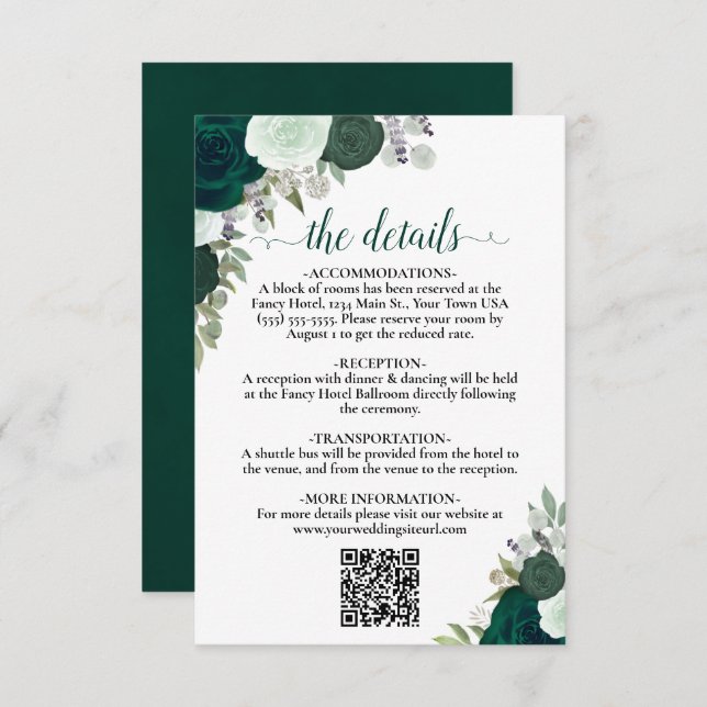 Emerald Green Boho Roses Wedding Details QR Code Enclosure Card (Front/Back)