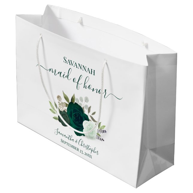 Emerald Green Boho Roses Wedding Maid of Honor Large Gift Bag (Back Angled)