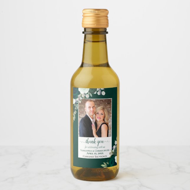 Emerald Green Boho Roses Wedding Thank You Mini Wine Label (Front)