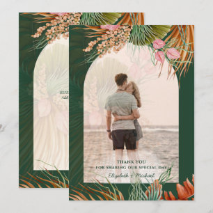 Emerald Green Boho Tropical Pampas Grass Wedding Thank You Card