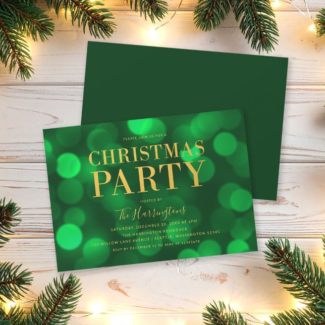 Emerald Green Bokeh Lights Gold Christmas Party Invitation (Creator Uploaded)