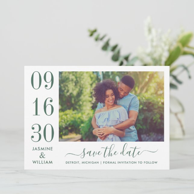 Emerald Green Bold Date Numeral Photo Wedding Save The Date (Standing Front)