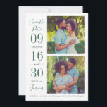 Emerald Green Bold Date Two Photo Forever Wedding Save The Date<br><div class="desc">A bold and nature-inspired two-photo save the date featuring oversized emerald green stacked date numerals interspersed with names and a romantic "Forever" script alongside two stacked portrait engagement photos on a clean white background. The rich jewel-toned green palette creates a lush, sophisticated aesthetic perfect for garden, woodland, or classic formal...</div>