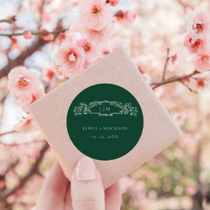 Emerald Green botanical crest monogram wedding Classic Round Sticker