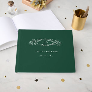 Emerald Green botanical crest monogram wedding Guest Book