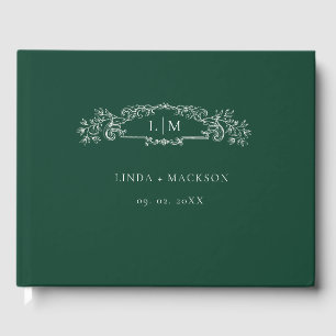 Emerald Green botanical crest monogram wedding Guest Book