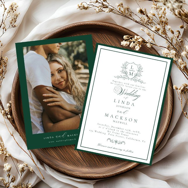 Emerald Green botanical crest monogram wedding Invitation (Creator Uploaded)