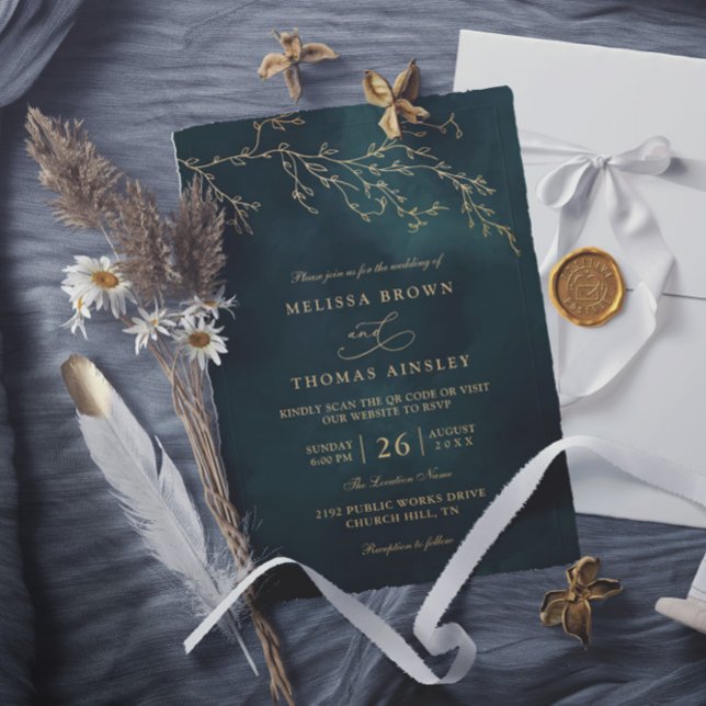 Emerald Green Botanical Elegant QR Code Wedding Invitation (Creator Uploaded)