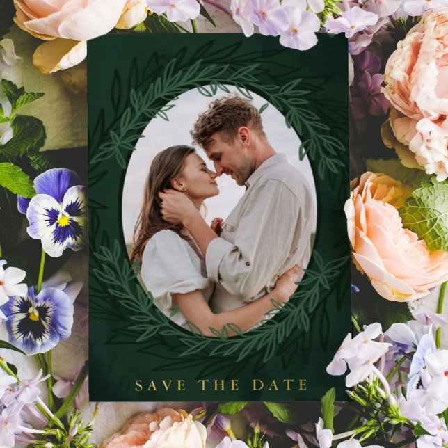 Emerald Green Botanical Photo Save the Date (Dramatic emerald green botanical wreath photo wedding Save the Date.)