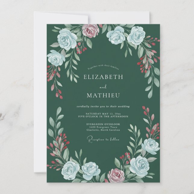 Emerald Green Botanical Watercolor Wedding Invitation (Front)