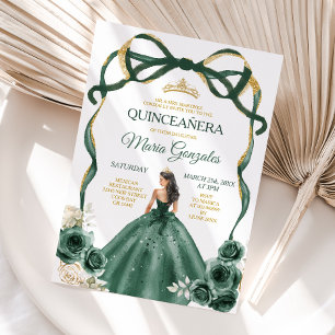 Emerald Green Bow Princess Gold Crown Quinceañera Invitation