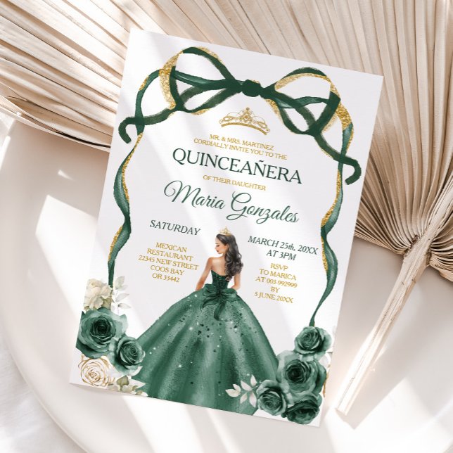 Emerald Green Bow Princess Gold Crown Quinceañera Invitation (Creator Uploaded)