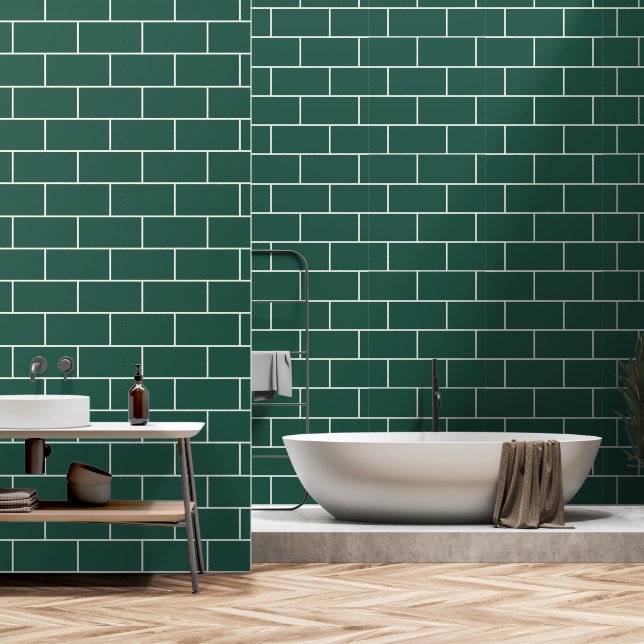 Emerald Green Bricks Pattern Minimalist Wallpaper (Bathroom)
