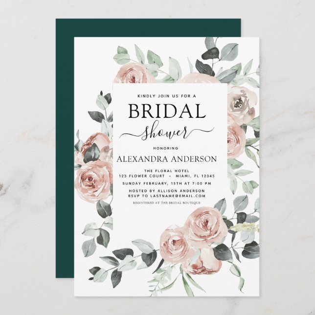 Emerald Green Bridal Shower Floral Greenery Invitation (Front/Back)
