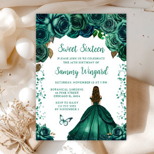 Emerald Green Brown Hair Princess Sweet Sixteen Invitation