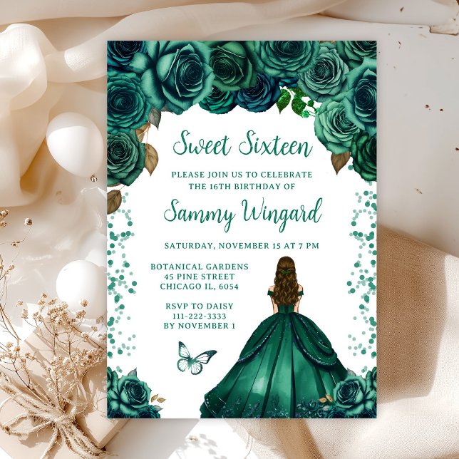 Emerald Green Brown Hair Princess Sweet Sixteen Invitation (Creator Uploaded)
