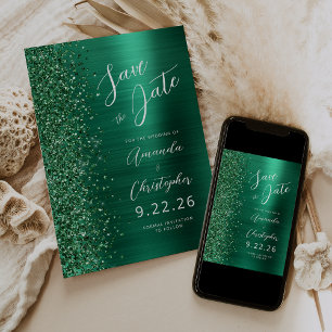 Emerald Green Brushed Metal Script Save the Date Announcement