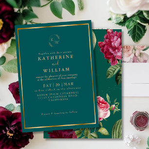 Emerald Green burgundy Dusty Rose floral Wedding Invitation