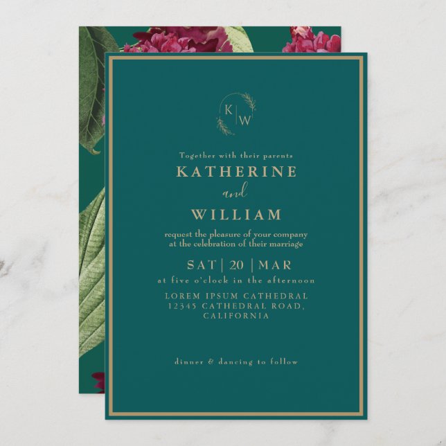 Emerald Green burgundy Dusty Rose floral Wedding Invitation (Front/Back)