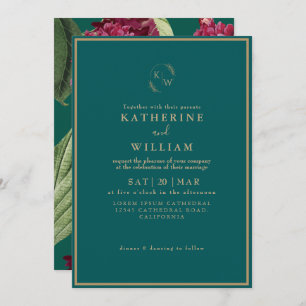 Emerald Green burgundy Dusty Rose floral Wedding Invitation
