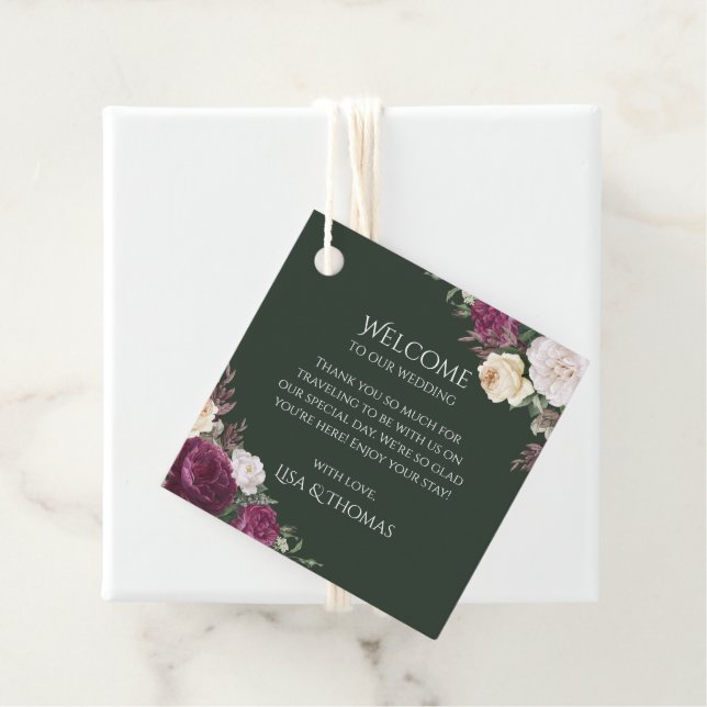 Emerald Green Burgundy Peonies Welcome Gift Tag (In Situ)