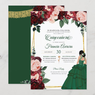 Emerald Green & Burgundy Pink Floral Quinceanera Invitation