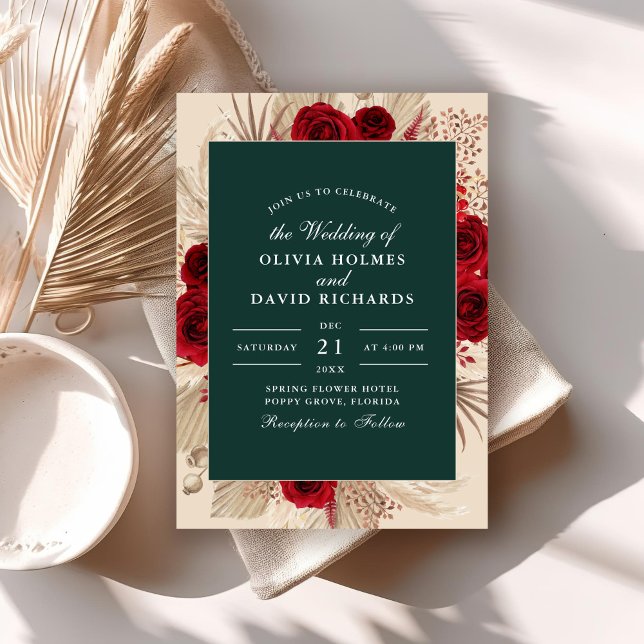 Emerald Green Burgundy Roses Wedding Invitation (Emerald Green Burgundy Roses Wedding Invitation on a boho wedding table.)