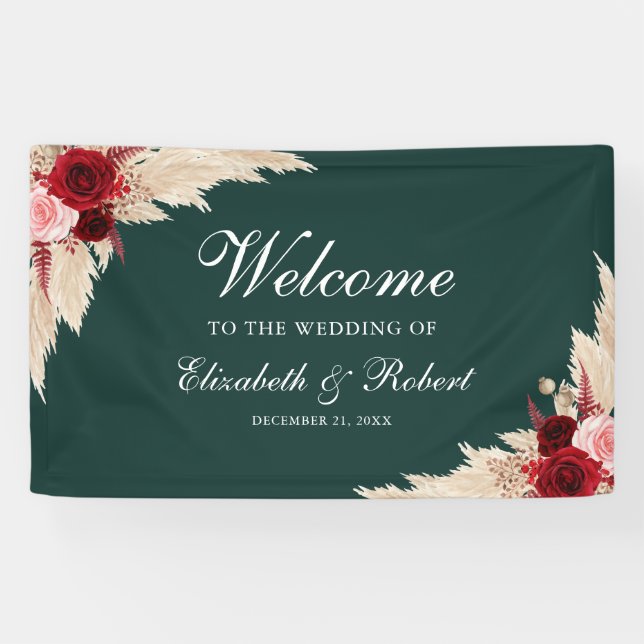 Emerald Green Burgundy Roses Welcome Wedding Banner (Horizontal)