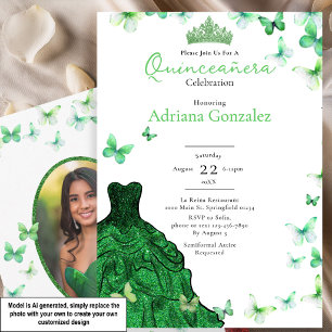 Emerald Green Butterflies Dress Photo Quinceanera Invitation