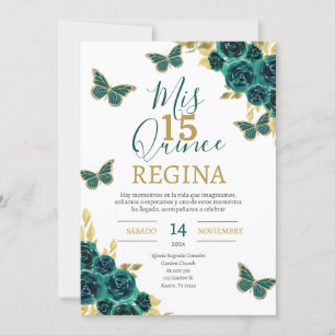 Emerald Green Butterflies Quinceañera Invitation