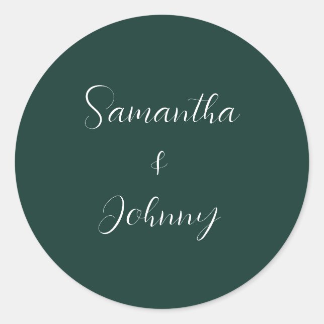 Emerald Green Calligraphy Elegant Couple Wedding  Classic Round Sticker (Front)