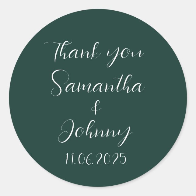 Emerald Green Calligraphy Elegant Couple Wedding   Classic Round Sticker (Front)
