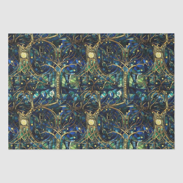 Emerald Green Celestial Tree Stained Glass Pattern Tissue Paper (Front)