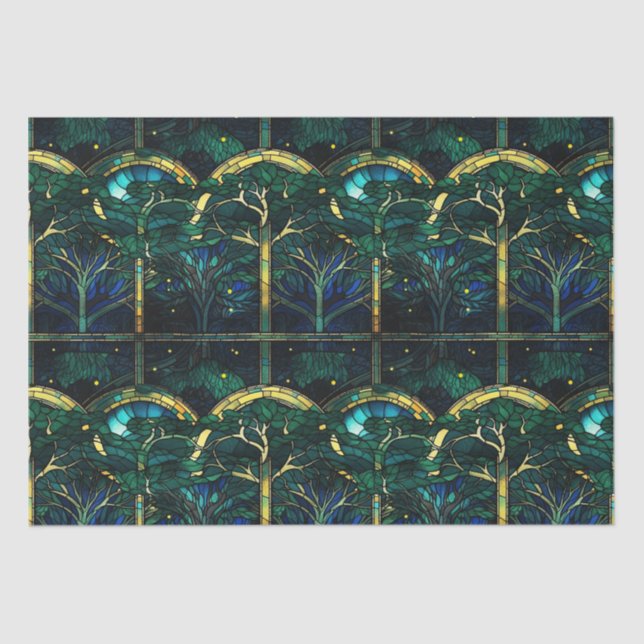 Emerald Green Celestial Tree Stained Glass Pattern Tissue Paper (Front)