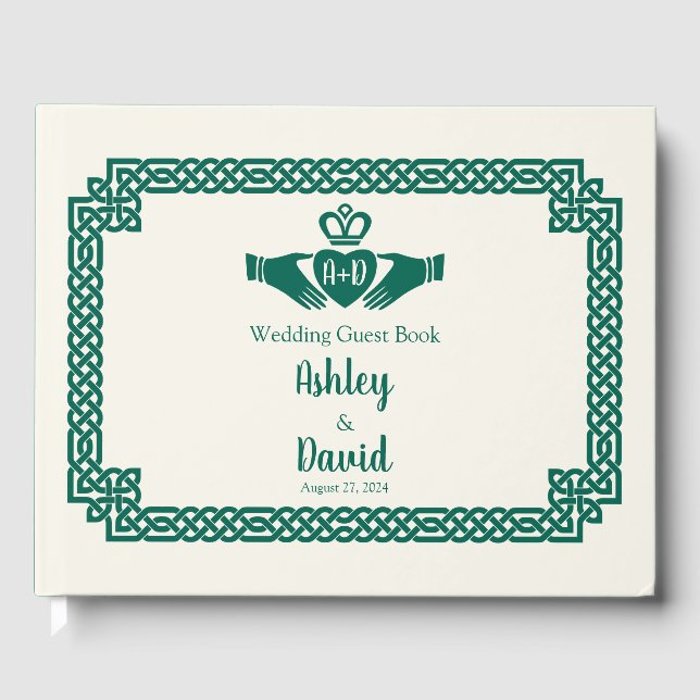 Emerald Green Celtic Knot Claddagh Wedding Guest Book (Front)