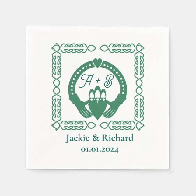 Emerald Green Celtic Knot Claddagh Wedding Napkin (Front)