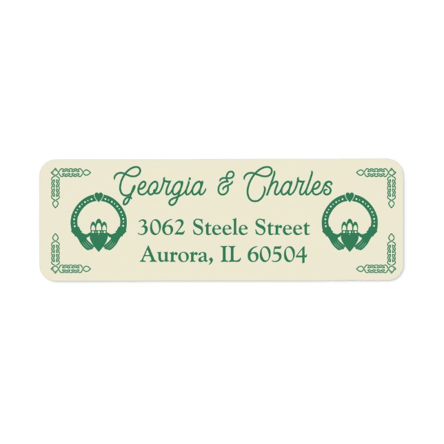 Emerald Green Celtic Knot Claddagh Wedding Return Address Label (Front)