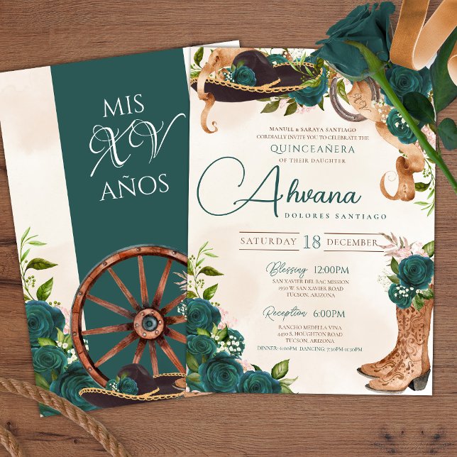 Emerald Green Charra Quinceanera Western Roses Invitation (Creator Uploaded)