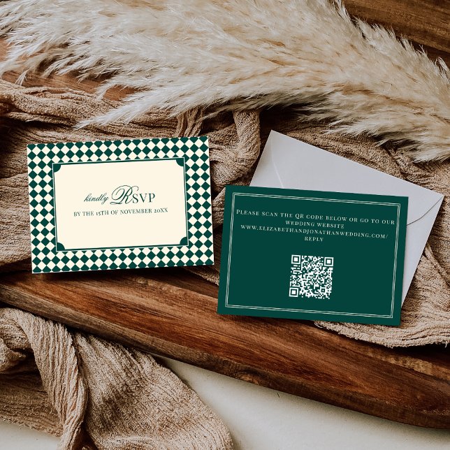 Emerald Green Chequered Old Money QR Code Wedding RSVP Card (Creator Uploaded)