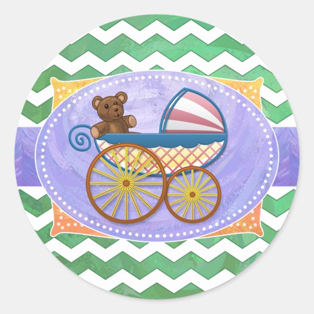 Emerald Green Chevron Baby Shower Classic Round Sticker (Front)