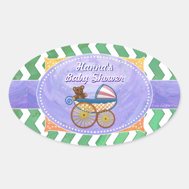 Emerald Green Chevron Baby Shower Oval Sticker (Front)