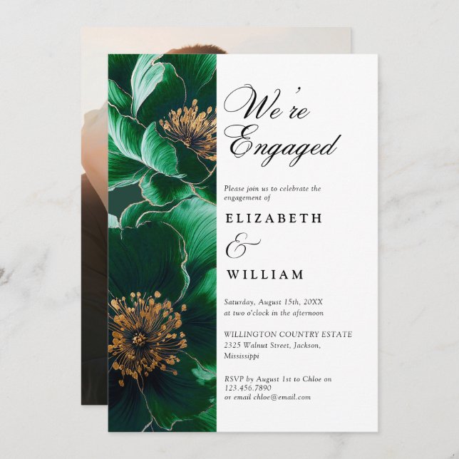 Emerald Green Chic Floral Engagement Party Photo Invitation (Front/Back)