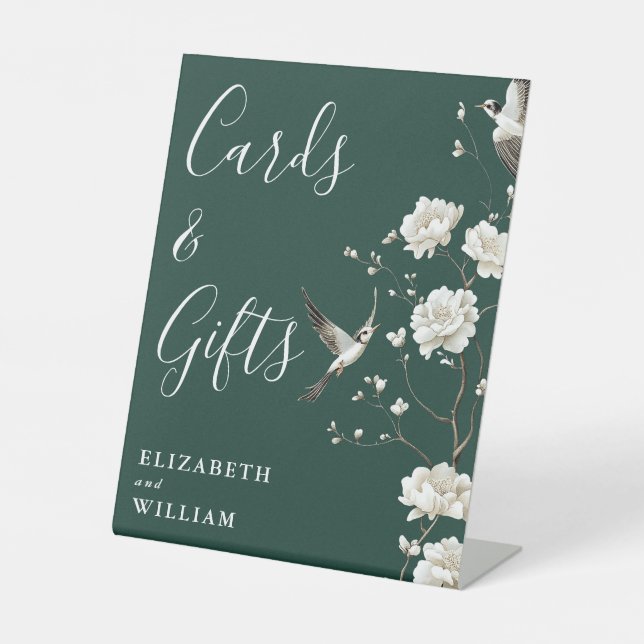 Emerald Green Chinoiserie Cards And Gifts Wedding Pedestal Sign (Front)