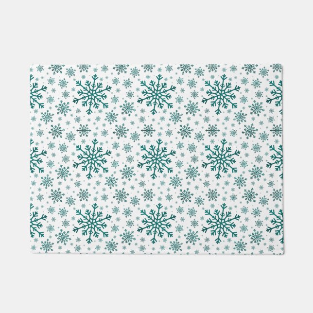 Emerald Green Christmas Snowflakes on Winter White Doormat (Front)