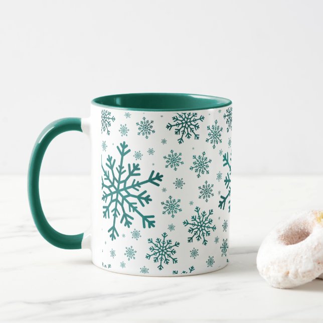 Emerald Green Christmas Snowflakes on Winter White Mug (With Donut)