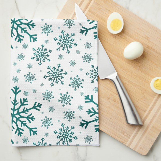 Emerald Green Christmas Snowflakes on Winter White Tea Towel (Quarter Fold)