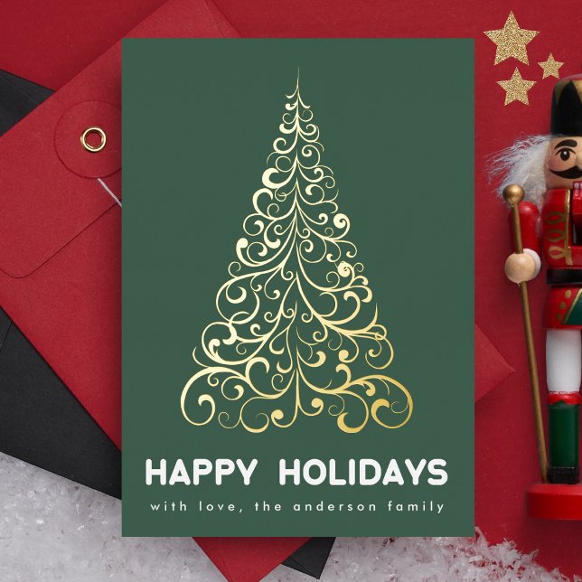 Emerald Green Christmas Swirls Tree Forest Happy Foil Holiday Card (Creator Uploaded)